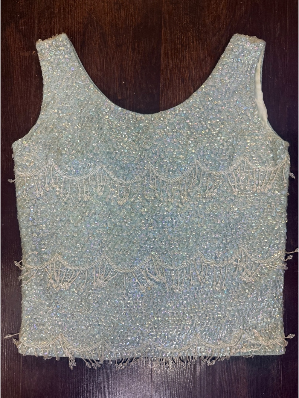 Vintage 1950s 1960s Blue Hand Beaded Sequin Wool Shell Top Hong Kong Cocktail M